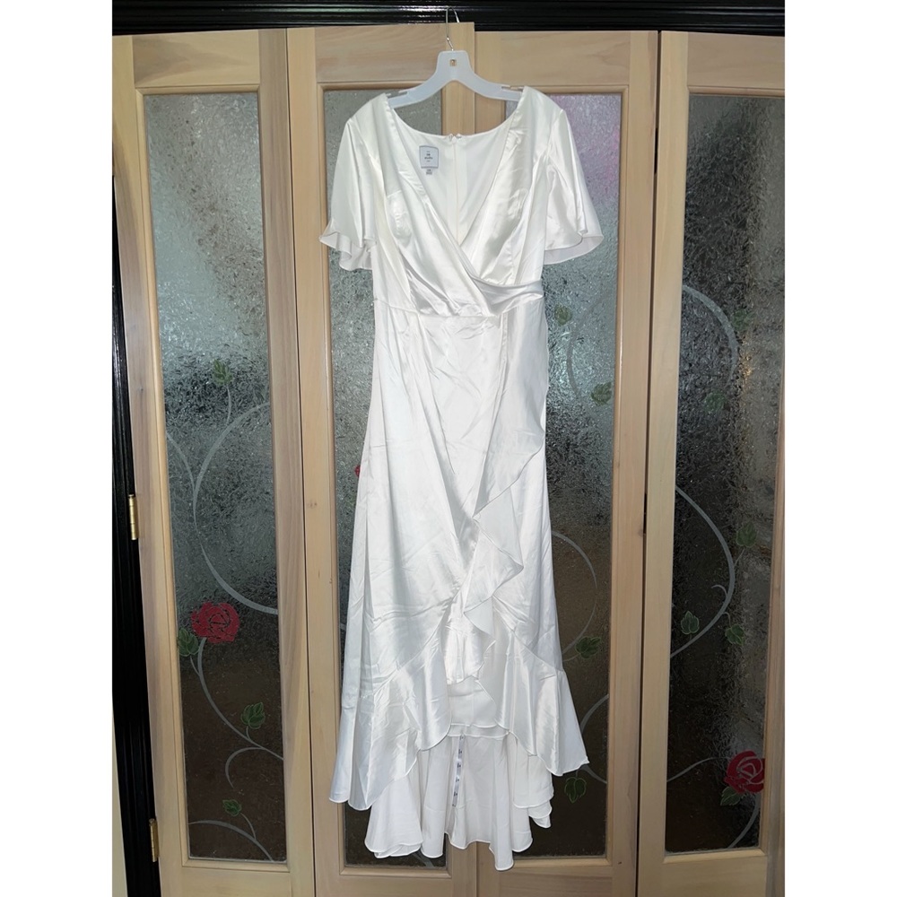 Flutter Sleeve White Satin Wrap Dress